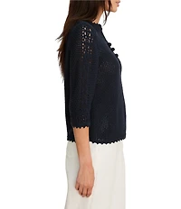 NIC + ZOE Crochet Mesh Split Neck Elbow Sleeve Top