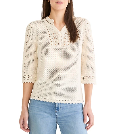 NIC + ZOE Crochet Mesh Split Neck Elbow Sleeve Top