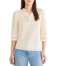 NIC + ZOE Crochet Mesh Split Neck Elbow Sleeve Top