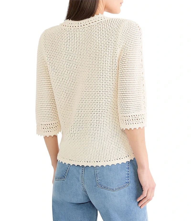 NIC + ZOE Crochet Mesh Split Neck Elbow Sleeve Top