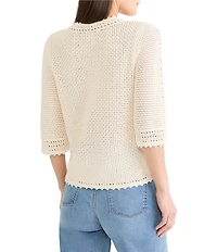 NIC + ZOE Crochet Mesh Split Neck Elbow Sleeve Top