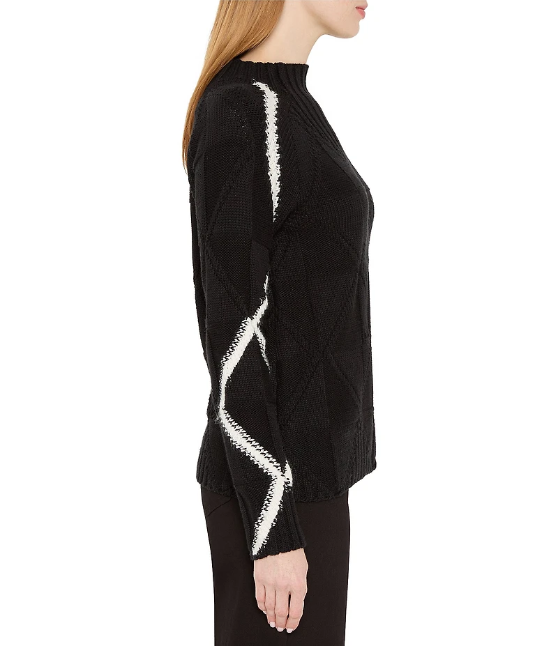 NIC + ZOE Dashing Diamonds Contrast Stripe Funnel Neck Long Sleeve Sweater