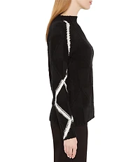 NIC + ZOE Dashing Diamonds Contrast Stripe Funnel Neck Long Sleeve Sweater