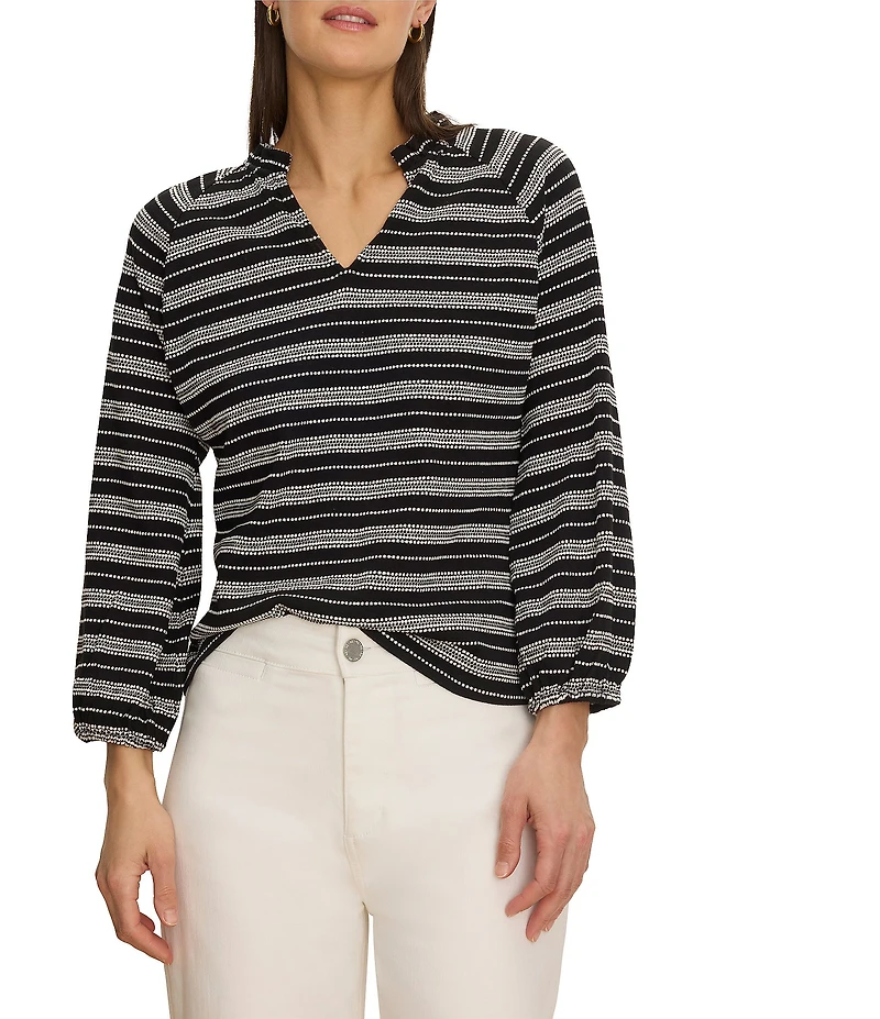 NIC + ZOE Dashing Stripe Knit Split V-Neck Bracelet Sleeve Top