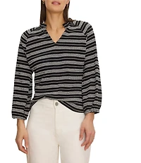 NIC + ZOE Dashing Stripe Knit Split V-Neck Bracelet Sleeve Top