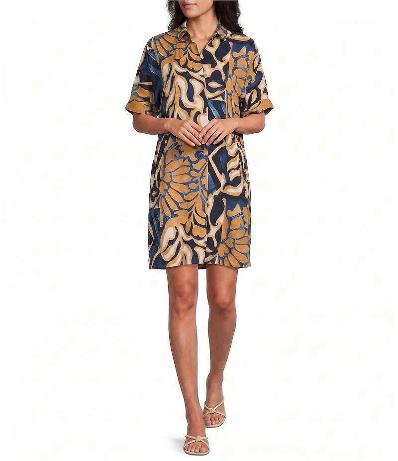 NIC + ZOE Deco Bloom Devon Point Collar Elbow Sleeve A-Line Button-Front Dress
