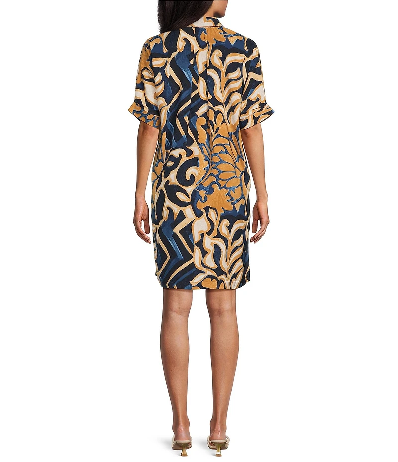 NIC + ZOE Deco Bloom Devon Point Collar Elbow Sleeve A-Line Button-Front Dress