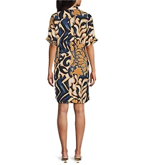 NIC + ZOE Deco Bloom Devon Point Collar Elbow Sleeve A-Line Button-Front Dress