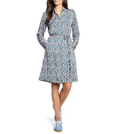 NIC + ZOE Devon Brushstrokes Print Point Collar Long Sleeve Tie Waist Shirt Dress