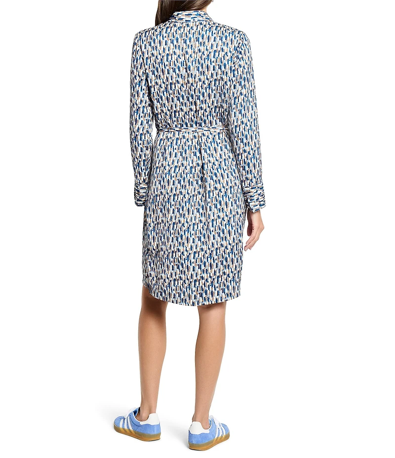 NIC + ZOE Devon Brushstrokes Print Point Collar Long Sleeve Tie Waist Shirt Dress