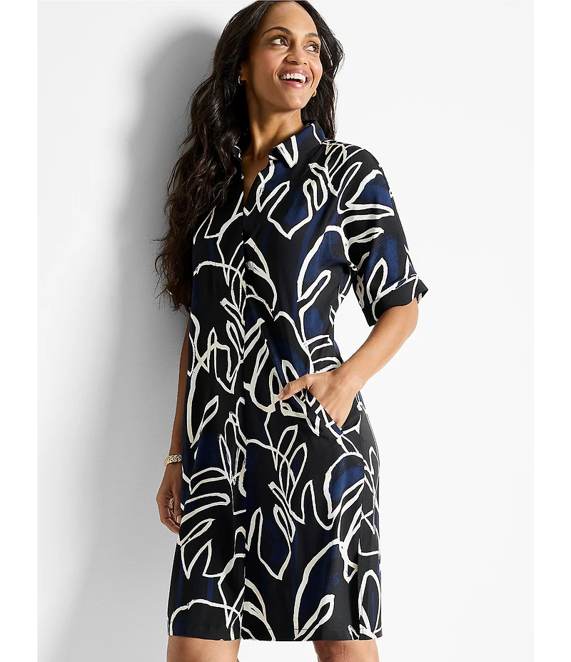NIC + ZOE Devon Midnight Muse Point Collar V-Neck Short Sleeve Shirt Dress