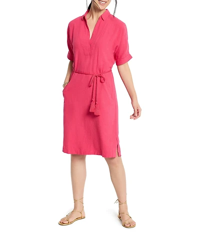 NIC + ZOE Devon Rumba Linen Blend Point Collar Short Sleeve Tie Waist Shirt Dress