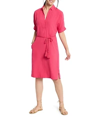 NIC + ZOE Devon Rumba Linen Blend Point Collar Short Sleeve Tie Waist Shirt Dress