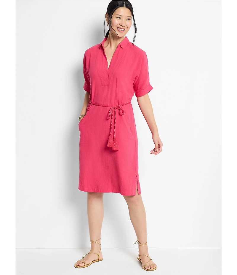 NIC + ZOE Devon Rumba Linen Blend Point Collar Short Sleeve Tie Waist Shirt Dress