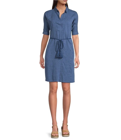 NIC + ZOE Devon Rumba Linen Blend Point Collar Short Sleeve Tie Waist Shirt Dress