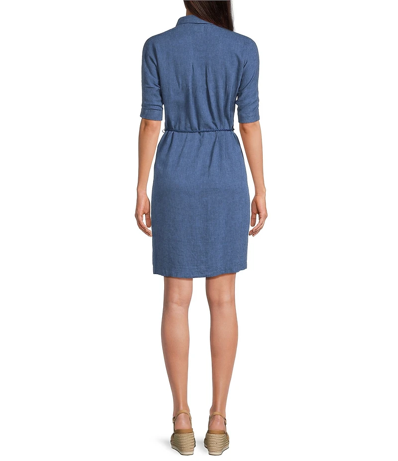 NIC + ZOE Devon Rumba Linen Blend Point Collar Short Sleeve Tie Waist Shirt Dress