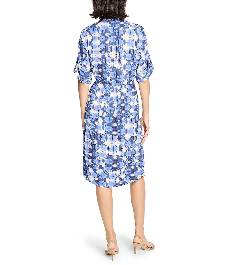 NIC + ZOE Devon Shibori Stone Print Point Collar Elbow Sleeve Tie Waist Dress