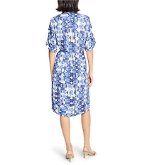 NIC + ZOE Devon Shibori Stone Print Point Collar Elbow Sleeve Tie Waist Dress