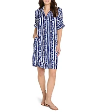 NIC + ZOE Devon Shibori Stripe Collar V-Neck Short Sleeve Shift Dress