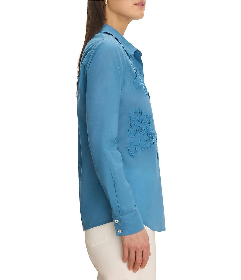 NIC + ZOE Dimensional Bloom Woven Point Collar Long Sleeve Button-Front Shirt