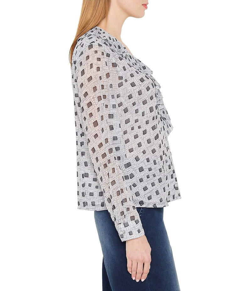 NIC + ZOE Dotty Squares Printed V-Neck Long Sleeve Ruffle Top