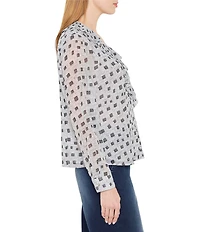 NIC + ZOE Dotty Squares Printed V-Neck Long Sleeve Ruffle Top