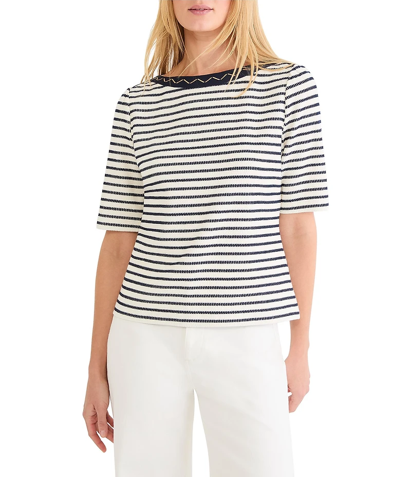NIC + ZOE Embroidered Stripe Boat Neck Elbow Sleeve Top
