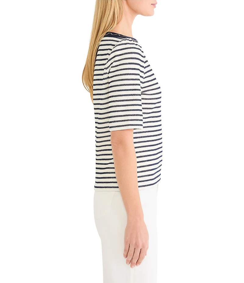 NIC + ZOE Embroidered Stripe Boat Neck Elbow Sleeve Top