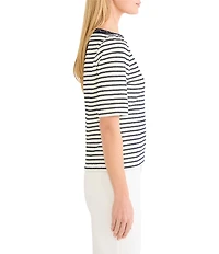 NIC + ZOE Embroidered Stripe Boat Neck Elbow Sleeve Top