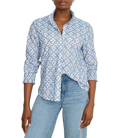 NIC + ZOE Embroidered Tile Band Collar Long Sleeve Button Front Shirt