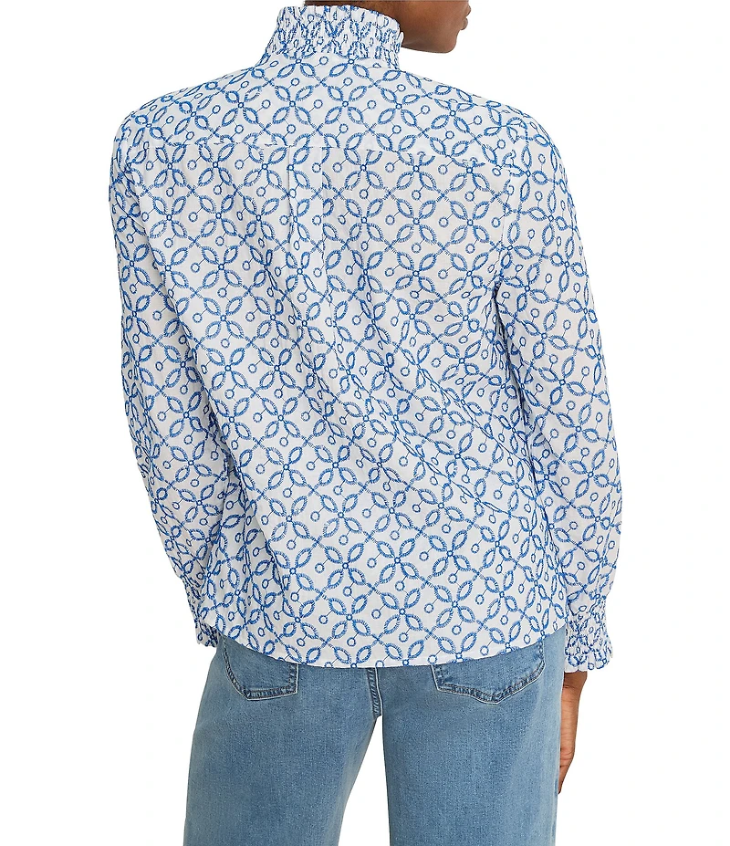 NIC + ZOE Embroidered Tile Band Collar Long Sleeve Button Front Shirt