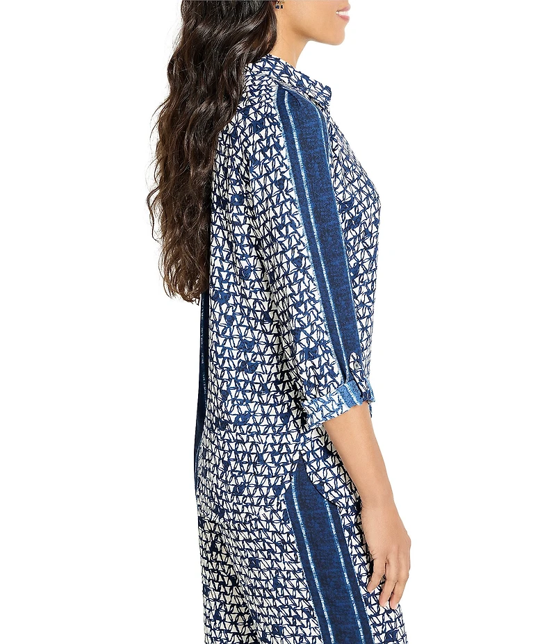 NIC + ZOE Etched Angles Point V-Neck Long Sleeve Button Front Coordinating Top