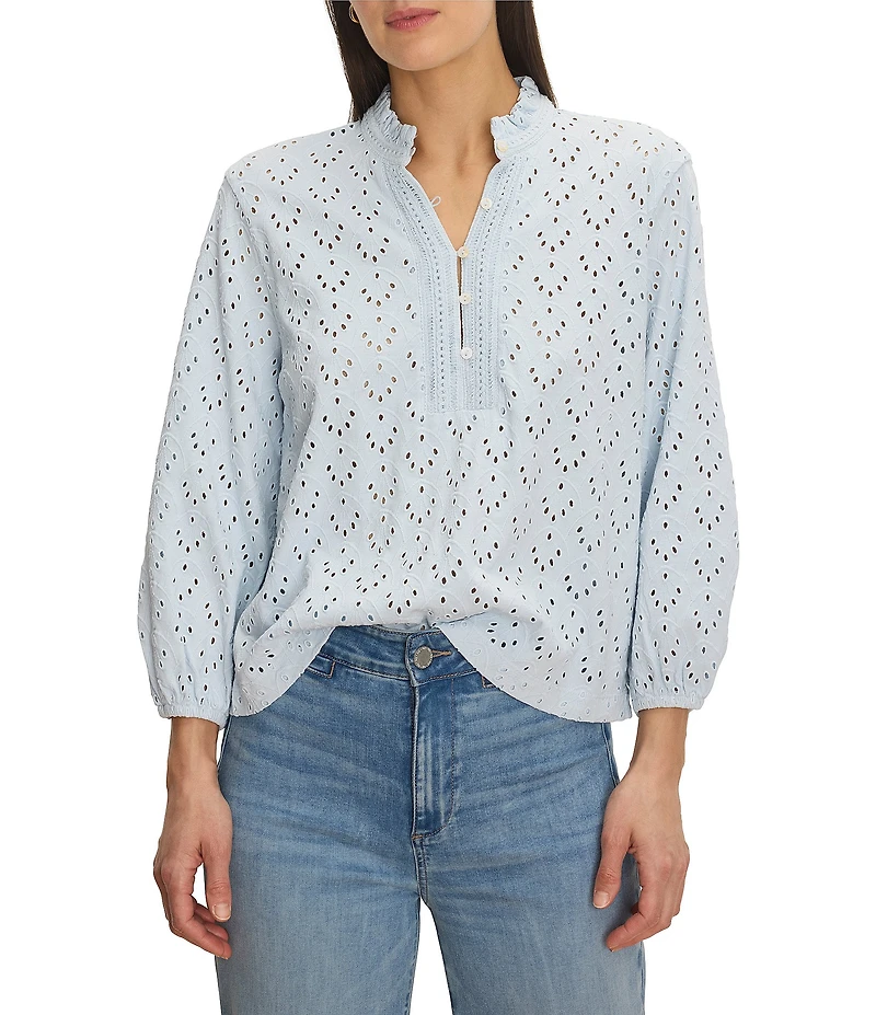 NIC + ZOE Eyelet Knit Ruffle Stand Neck Bracelet Sleeve Top