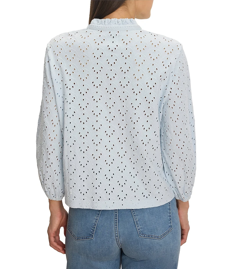 NIC + ZOE Eyelet Knit Ruffle Stand Neck Bracelet Sleeve Top