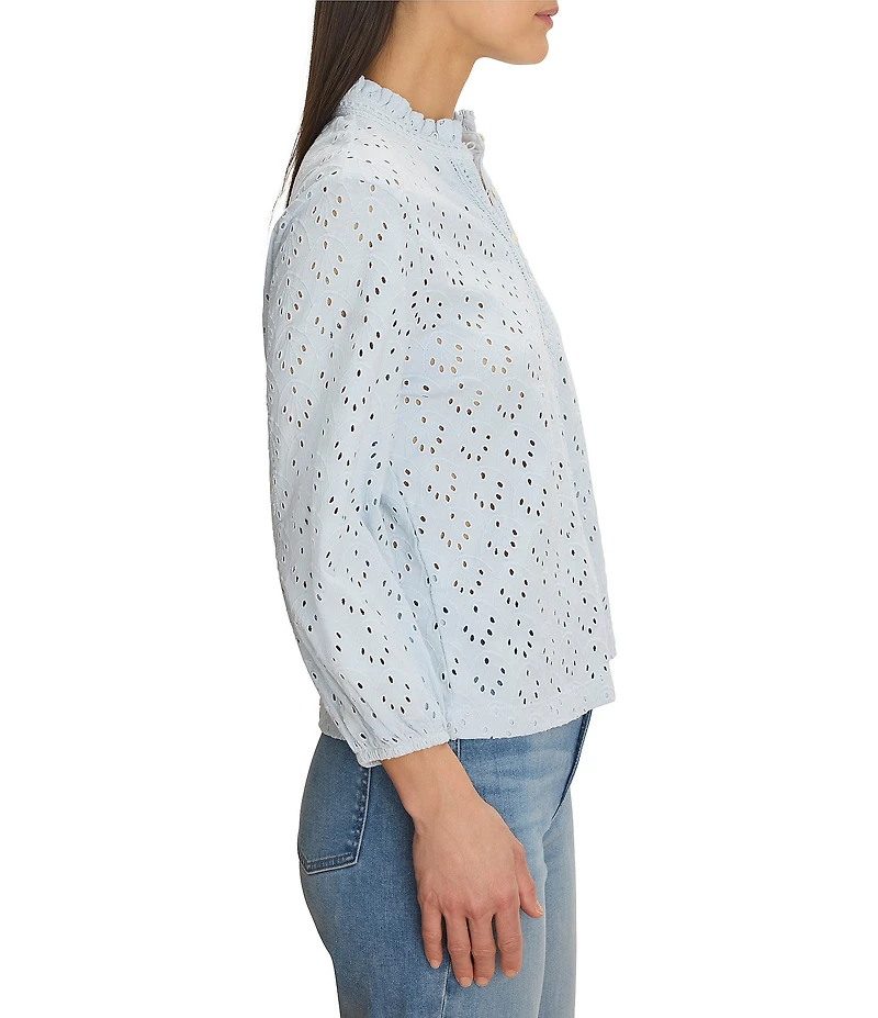 NIC + ZOE Eyelet Knit Ruffle Stand Neck Bracelet Sleeve Top