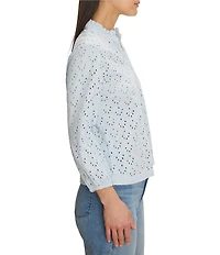 NIC + ZOE Eyelet Knit Ruffle Stand Neck Bracelet Sleeve Top