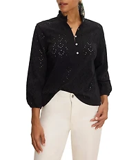 NIC + ZOE Eyelet Knit Ruffle Stand Neck Bracelet Sleeve Top