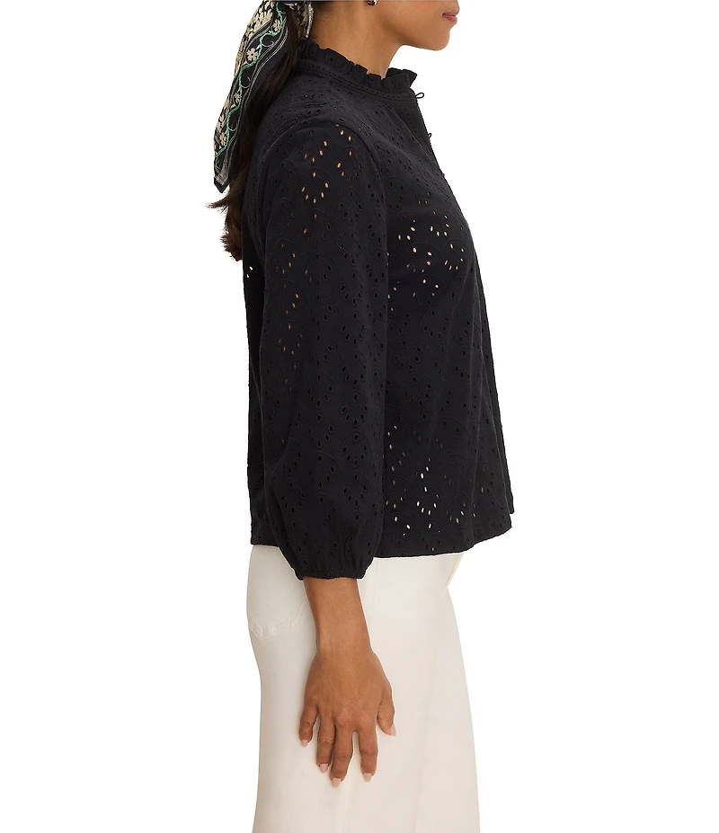 NIC + ZOE Eyelet Knit Ruffle Stand Neck Bracelet Sleeve Top