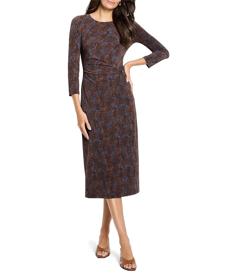 NIC + ZOE Feather Fern Knit Round Neck 3/4 Sleeves Side Twist Midi Dress