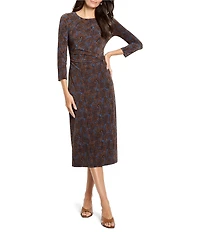 NIC + ZOE Feather Fern Knit Round Neck 3/4 Sleeves Side Twist Midi Dress