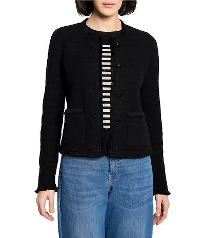 NIC + ZOE Fringe Mix Femme Knit Round Neck Long Sleeve Jacket