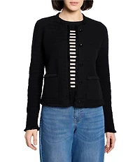 NIC + ZOE Fringe Mix Femme Knit Round Neck Long Sleeve Jacket