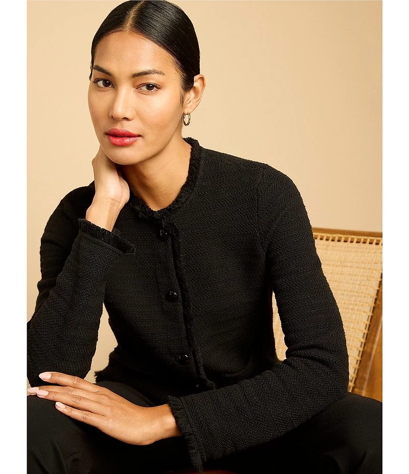 NIC + ZOE Fringe Mix Femme Knit Round Neck Long Sleeve Jacket