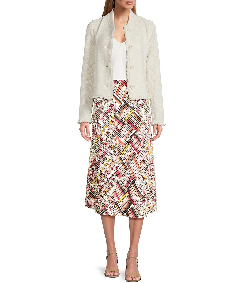 NIC + ZOE Fringe Mix Knit Rib Collar Long Sleeve Bomber Jacket