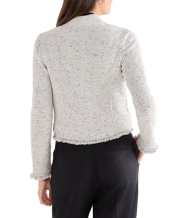 NIC + ZOE Fringe Mix Knit Rib Collar Long Sleeve Bomber Jacket