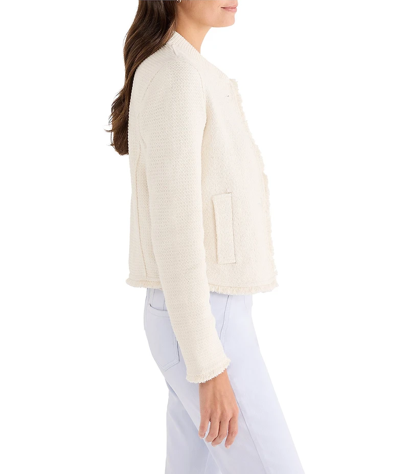 NIC + ZOE Fringe Mix Knit Rib Collar Long Sleeve Bomber Jacket