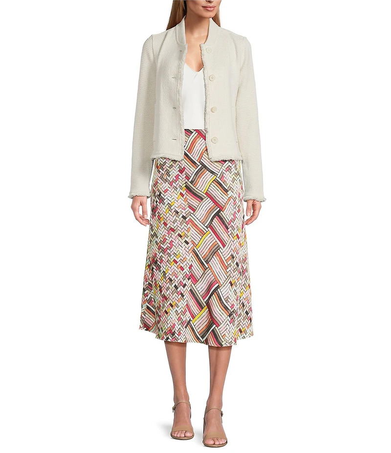 NIC + ZOE Fringe Mix Knit Rib Collar Long Sleeve Bomber Jacket