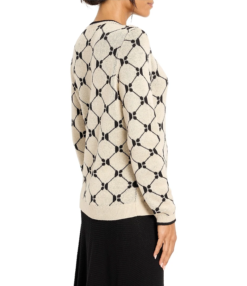 NIC + ZOE Geo Argyle Double Knit Round Neck Long Sleeve Sweater