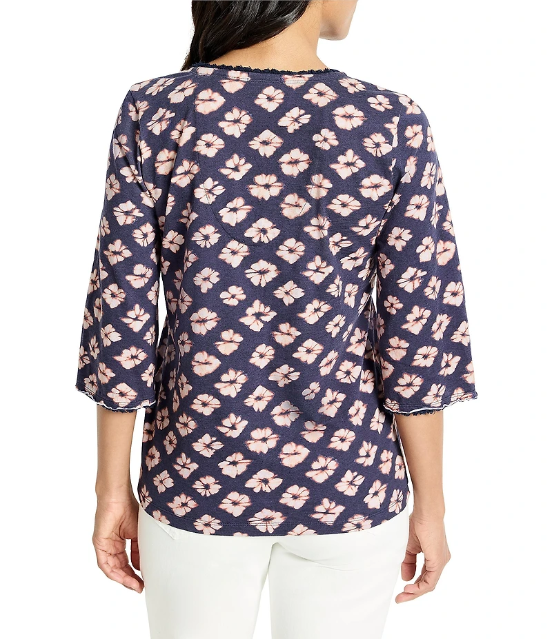 NIC + ZOE Geo Garden V-Neck Elbow Sleeve Fringe Tee