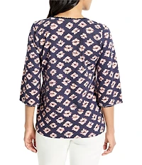 NIC + ZOE Geo Garden V-Neck Elbow Sleeve Fringe Tee